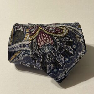 Hunting Horn J Riggings Mens Silk Paisley Tie Blue Burgundy Gold Made in USA